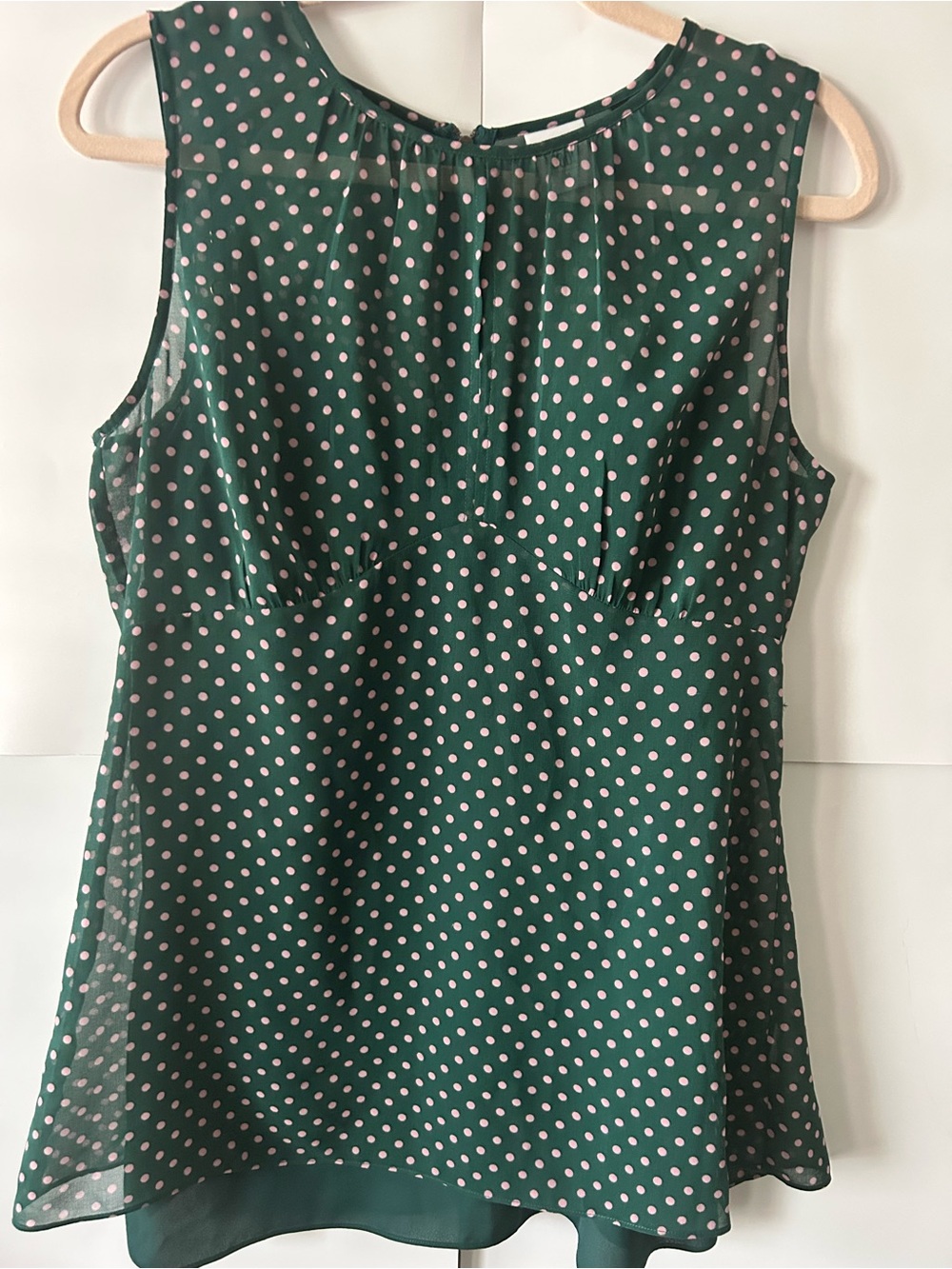 CAbi Green and Pink Polka Dot blouse w/ solid green shell